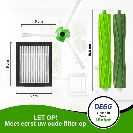 Afmetingen van DEGG onderdelen voor iRobot: filter 6x6x5cm, zijborstel 6cm, rollers 18.8cm.