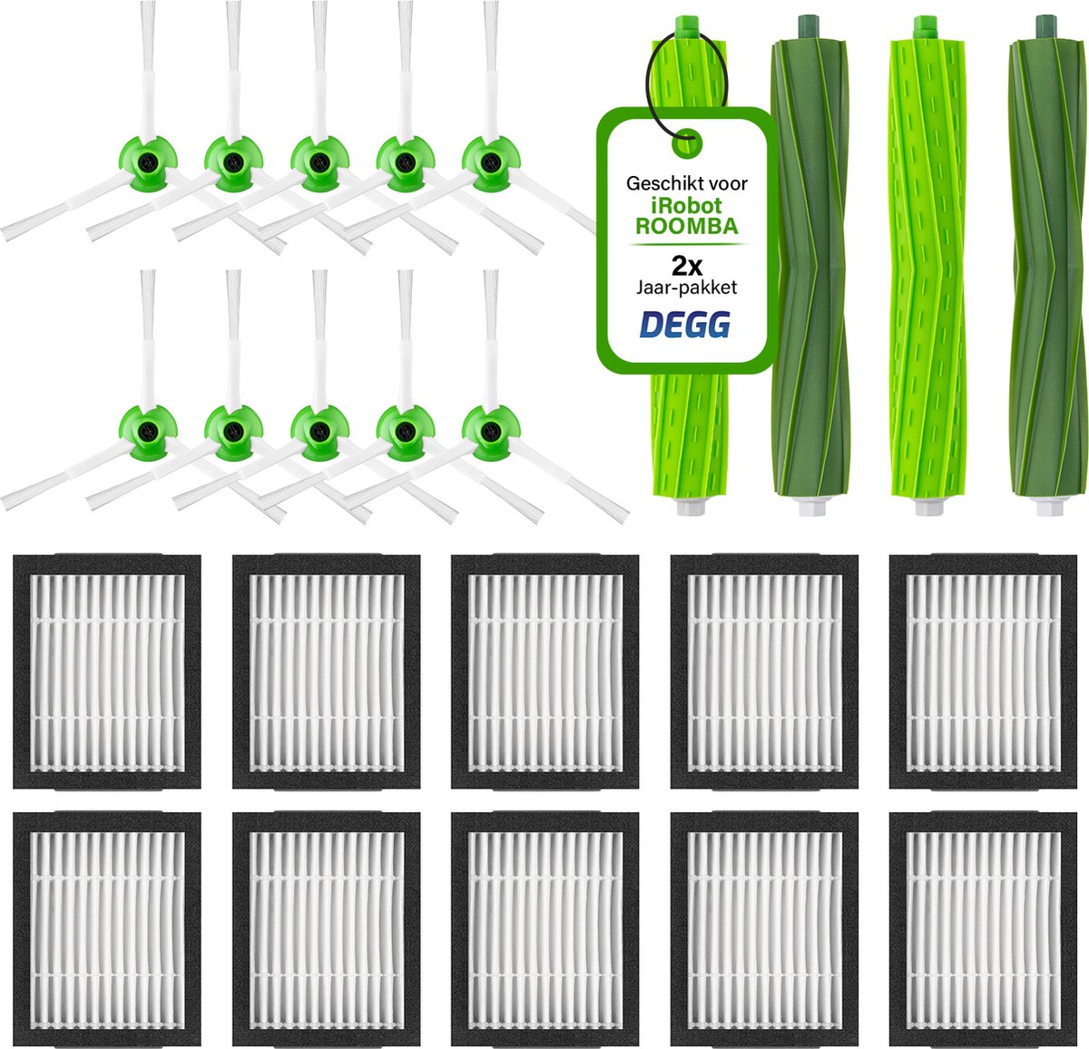 DEGG® - Onderhoudsset XL - Geschikt voor iRobot Roomba - i7 i7+ i1 i1+ i3 i3+ i4 i4+ i5 i5+ i6 i6+ i8 i8+ e5 e6 e7 - Geschikt voor iRobot Roomba Onderdelen - 4x Roller, 10x Hepa filter, 10x Spinner (zijborstel) - DUBBEL JAARPAKKET