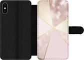 Bookcase Geschikt voor iPhone XS Max telefoonhoesje - Marmer print - Roze - Goud - Chic - Met vakjes - Wallet case met magneetsluiting