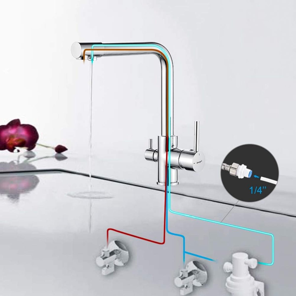 Keukenkraan, 3-weg kraan, 360° draaibare dubbele hendel mengkraan voor waterfilter, drinkwaterkraan, goud