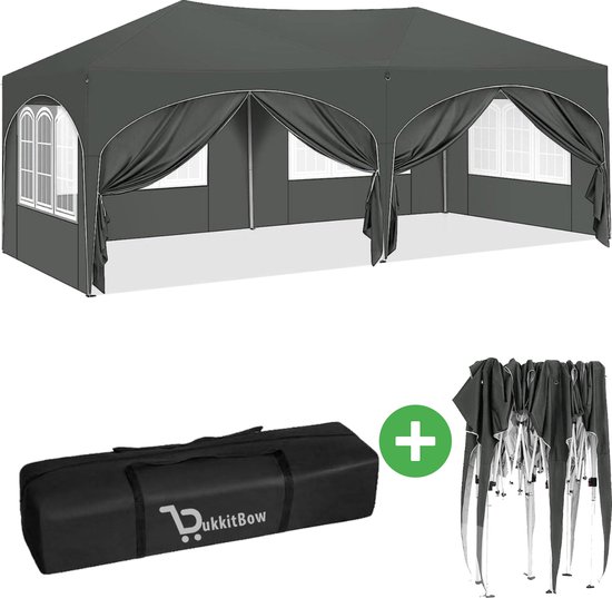 BukkitBow - Dubbele Partytent met Zijwanden – Opvouwbare Tent – Waterdicht en Weersbestendig – Tuinpaviljoen Dubbel uitgevoerd - 600 x 300 cm – Grijs