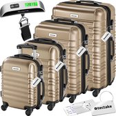 tectake®, 4-delige kofferset met harde schaal, reiskofferset met wielen, ABS, kofferset met telescopisch handvat en slot, inclusief bagageweger , trolleymaten S-M-L-XL - champagne