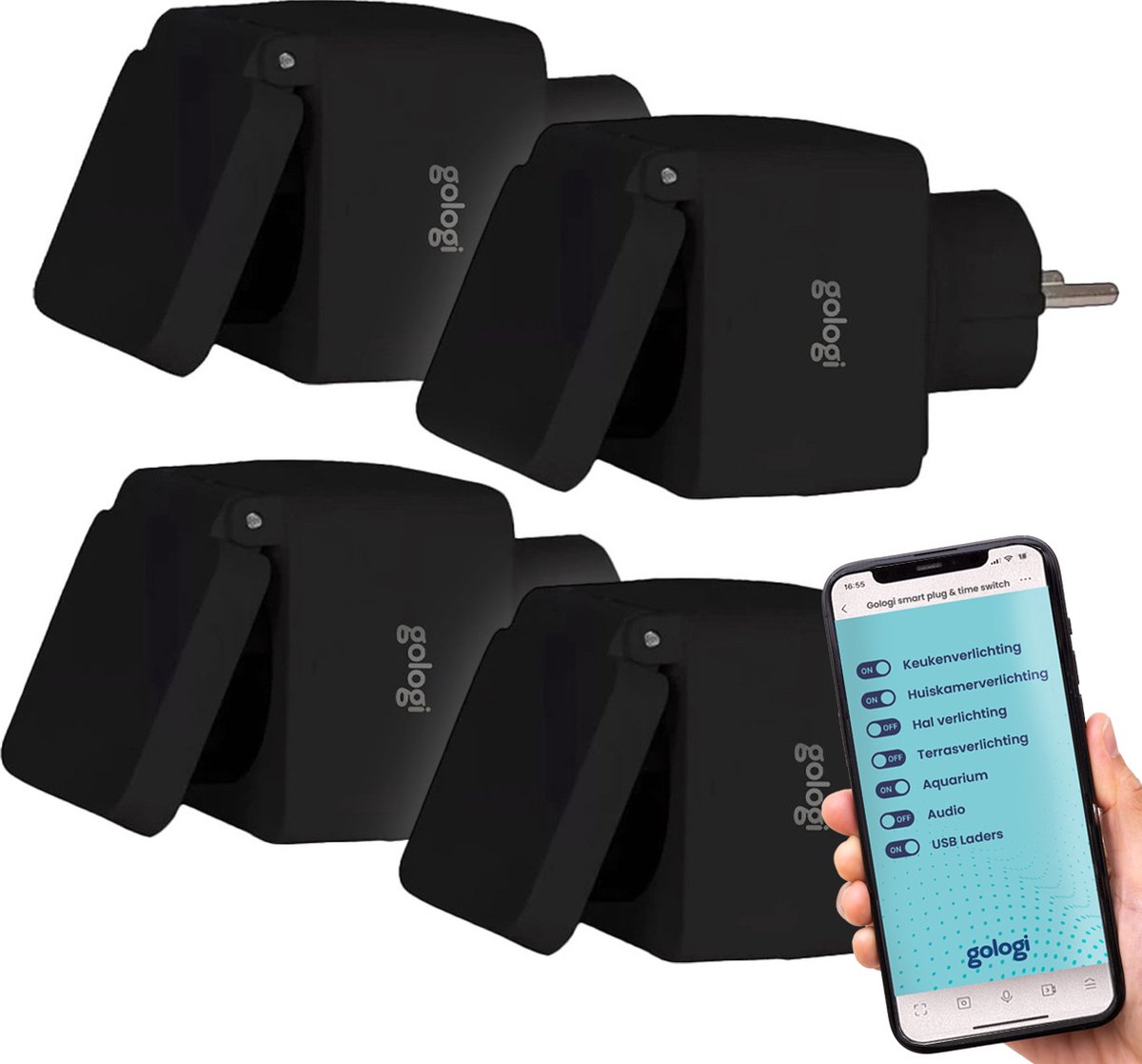 Gologi Slimme stekker buiten 4 stuks – Smart plug – IP44 – Tijdschakelaar & Energiemeter – – Google Home & Amazon Alexa – Zwart