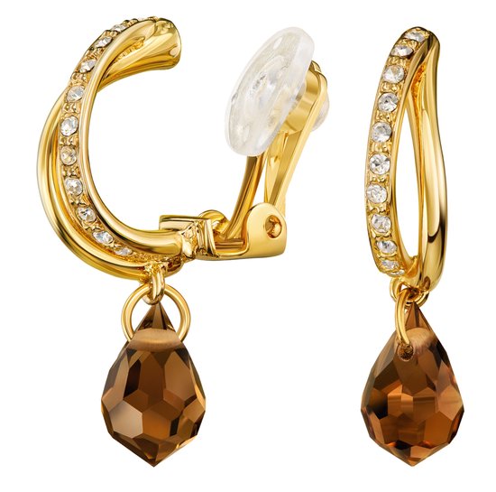 Boucles d'oreilles clip Traveller - Boucles d'oreilles pendantes Femme - Doré - Cristal Preciosa - Marron - Goutte - Plaqué or - 30x5 mm - 157569