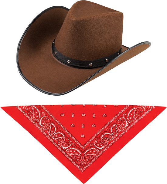 Ensemble de costumes de carnaval chapeau de cowboy Billy Boy - marron - avec mouchoir rouge - pour adultes