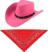 Carnaval verkleedset cowboyhoed Billy Boy - roze - met rode hals zakdoek - voor volwassenen
