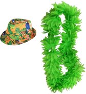 Hawaii thema party verkleedset - Hoedje Tropical print - bloemenkrans neon groen- Tropical toppers - voor volwassenen