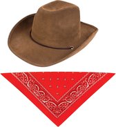 Carnaval verkleedset cowboyhoed Utah bruin - met rode hals zakdoek - voor volwassenen
