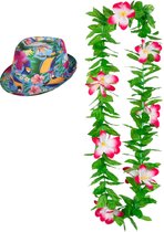 Hawaii thema party verkleedset - Hoedje Tropical print - bloemenkrans roze mix - Tropical toppers - voor volwassenen