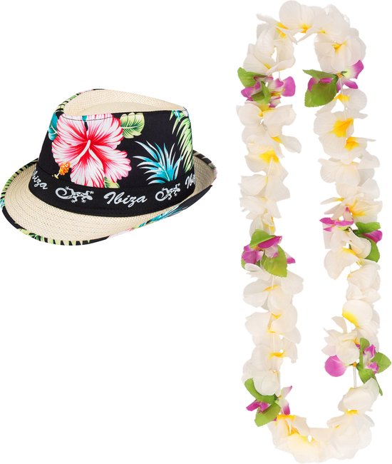 Ensemble d'habillage party à thème Hawaï - Chapeau de paille Trilby - couronne de fleurs blanc/jaune - Toppers Tropical - pour adultes
