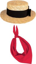 Verkleed set Lou Bandy Gondolier hoedje - beige - met rode hals zakdoek - voor volwassenen