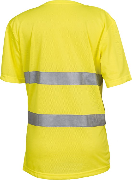 Geel T-shirt met V-hals, twee reflecterende zilveren banden op de rug en korte mouwen.