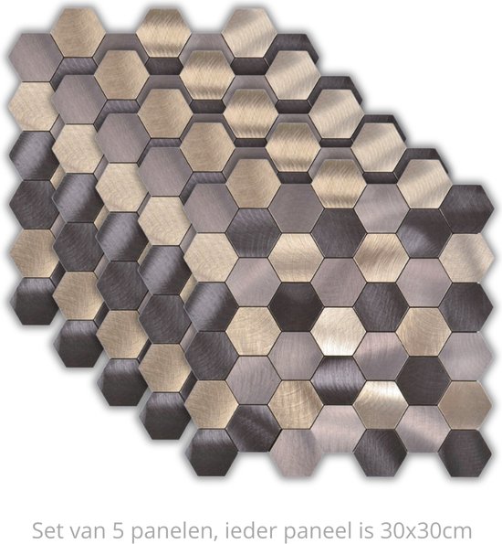 Wandpanelen tegelsticker plaktegels zelfklevende tegels keuken badkamer - 30x30cm - mozaiek - 4MM dik - aluminium toplaag en composiet - 3M kleeflaag - Matte Donker Goud Brons - Hexagon