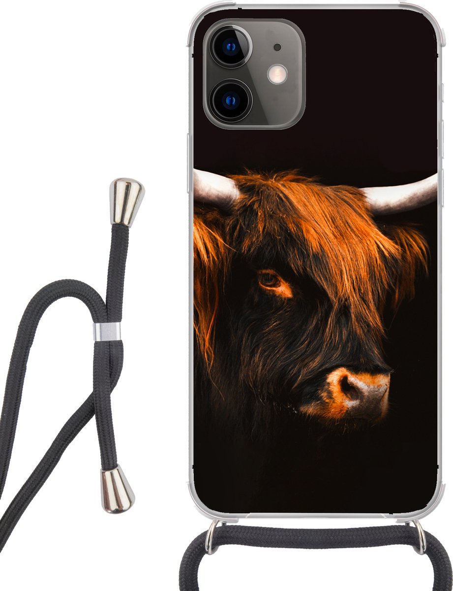 Telefoonhoesje Geschikt voor iPhone 12 Mini - Schotse hooglander - Zwart - Koe - Hoorn - Dieren - Siliconen - Crossbody - Backcover met Koord - Telefoonhoesje met koord - Hoesje met touw Telefoonhoesje