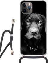 Hoesje met koord Geschikt voor iPhone 11 Pro Max - Hond - Licht - Zwart - Siliconen - Crossbody - Backcover met Koord - Telefoonhoesje met koord - Hoesje met touw