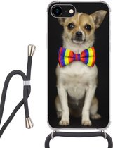 Hoesje met koord Geschikt voor iPhone 7 - Hond - Strik - Zwart - Siliconen - Crossbody - Backcover met Koord - Telefoonhoesje met koord - Hoesje met touw