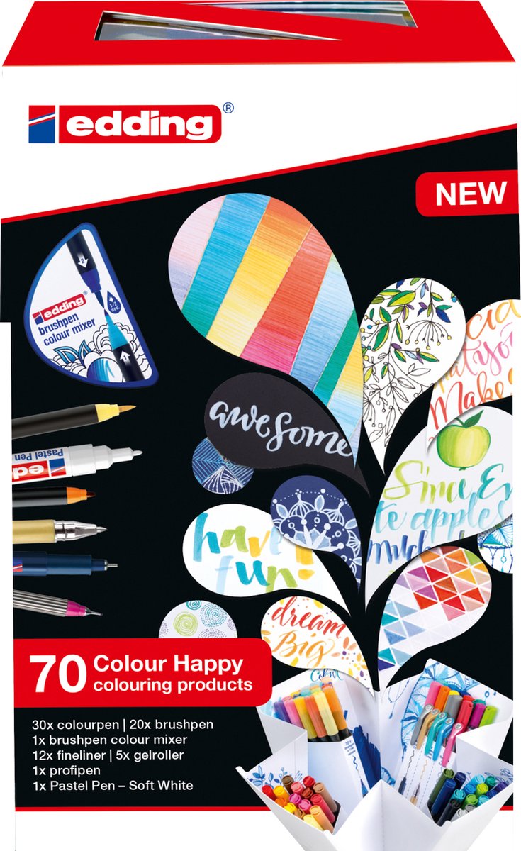 edding Colour Happy Big Box - Set van 70 verschillende soorten stiften - handlettering, inkleuren en creativiteit op papier - met unieke kleurmixer 190 kleuren mogelijk - ideaal als cadeau - — afbeelding 2