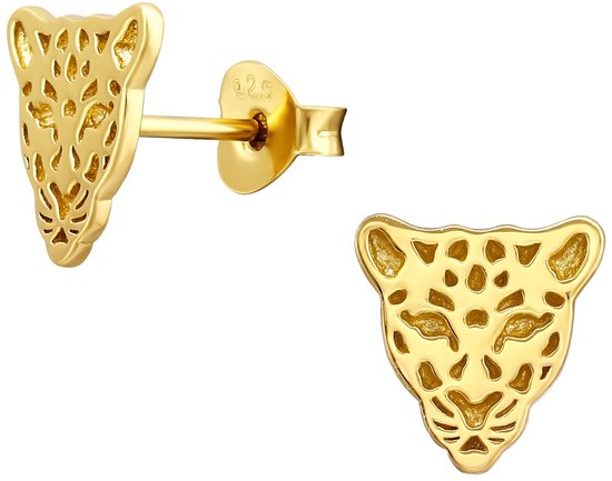Joy|S - Zilveren panter oorbellen - luipaard / tijger - 9 mm - oorknoppen - 14k goudplating