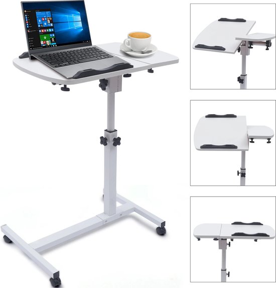 Bedtafel - Laptop tafel - Op Wielen - Verrijdbaar - In Hoogte Verstelbaar - Wit