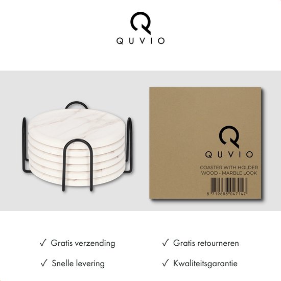 Set de six sous-verres QUVIO aspect marbre dans un support noir. Informations sur la livraison et la qualité incluses.
