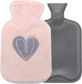 Waterkruik met Roze Plushe Hoes en Grijs Hartje - Tot 6 uur warmte - Heerlijk zacht - Veilige Warmwaterkruik - 1,0 liter -Mooi Cadeau voor Valentijn F14