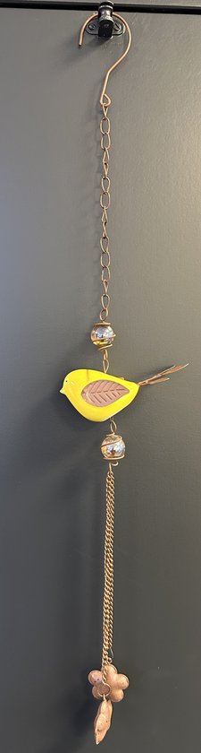 Deco houder "vogel+ bloemen" met metalen ketting - Bruine ketting & keramieke gele vogel en glazen balletjes - lengte 65 cm - Woondecoratie - Woonaccessoires