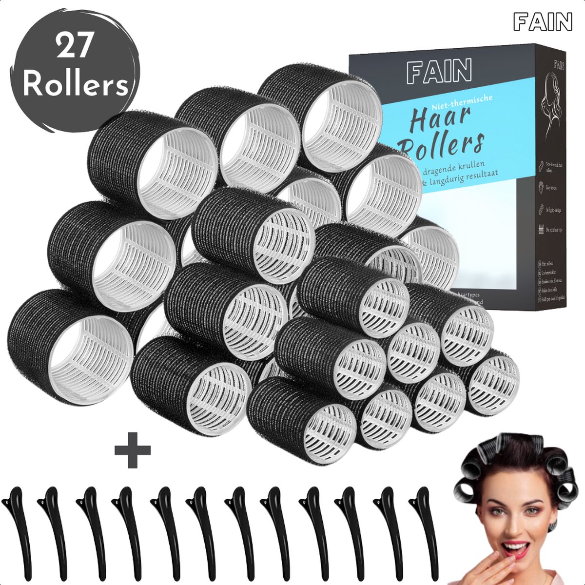 Fain Krulspelden – 39 Delig – Incl. Haarrollers & Haarklemmen – Zwart - Krullen Zonder Hitte – Heatless Curls – Krullen - Kleefrollers Jumbo – Krulspelden Rollers – Haarrollers Groot - Haarkruller
