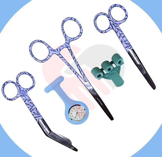 Verpleegkundige startset: blauwe scharenset, blauwe zusterhorloge en groene penhouder.