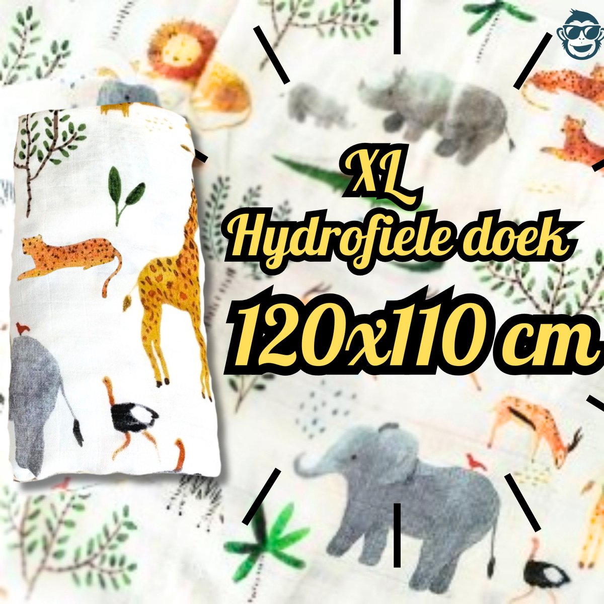 Goedkoopste BoefieBoef XL Hydrofiele Doek 120x110cm - Zachte Bamboe Swaddle, Inbakerdoek, Mousseline Doek voor Baby's en Newborns 0 tot 12 maanden - Jungle Dieren Wit - Dubbellaags, Ademend en Absorberend - Kerst en KraamCadeau - - Duurzaam - Babydeken - Geel