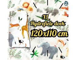 BoefieBoef XL Hydrofiele Doek 120x110cm - Zachte Bamboe Swaddle, Inbakerdoek, Mousseline Doek voor Baby's en Newborns 0 tot 12 maanden - Jungle Dieren Wit - Dubbellaags, Ademend en Absorberend - Kerst en KraamCadeau - - Duurzaam - Babydeken - Geel