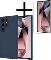 Hoes Geschikt voor Samsung S24 Ultra Hoesje Cover Siliconen Back Case Hoes Met Screenprotector - Donkerblauw
