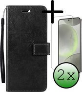 Hoes Geschikt voor Samsung S24 Hoesje Bookcase Hoes Flip Case Book Cover Met 2x Screenprotector - Hoesje Geschikt voor Samsung Galaxy S24 Hoes Book Case Hoesje - Zwart