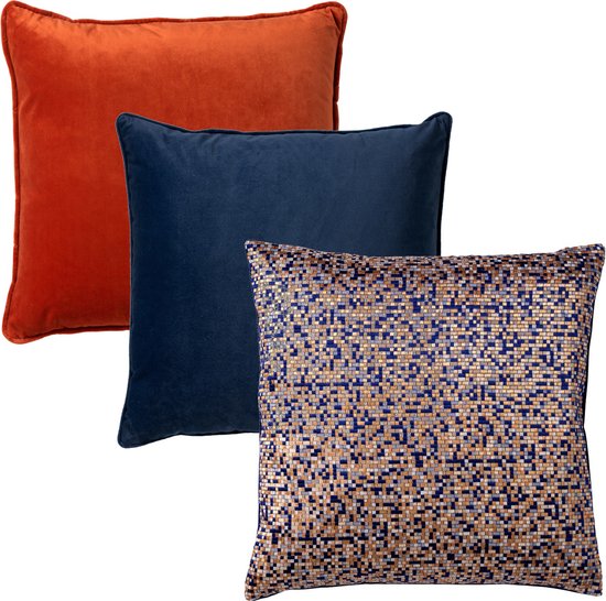 Dutch Decor - Set de 3 coussins décoratifs - bleu foncé - orange - 45x45 cm - y compris coussins intérieurs - velours - coton