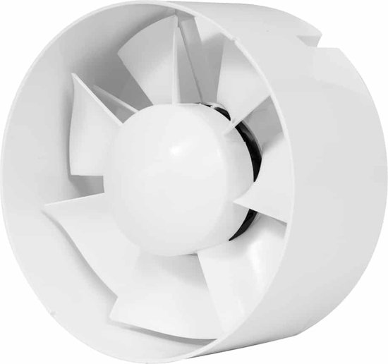 Ventilateur tubulaire blanc en plastique avec 7 pales inclinées.