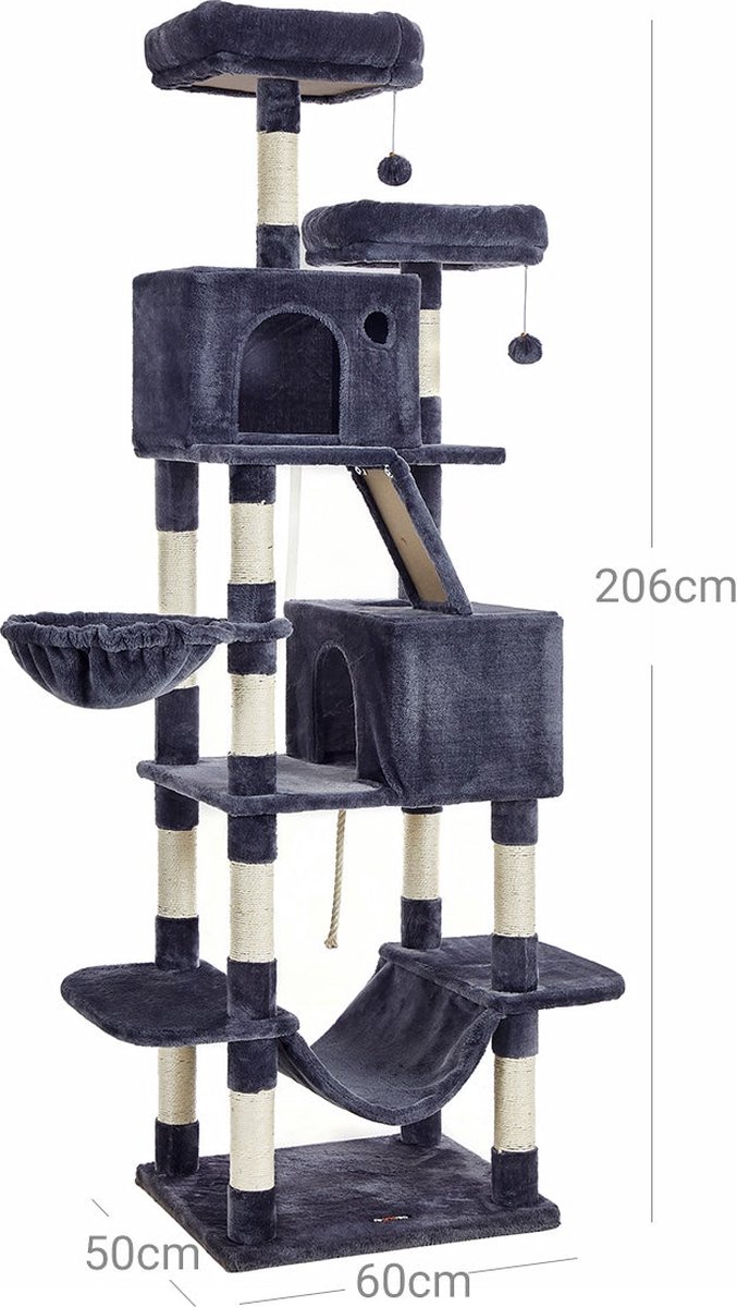 Krabpaal groot, 206 cm hoog, XXL kattenboom, met 13 krabzuilen, 2 platforms, 2 holten, mand, hangmat, pluche ballen, meerlaagse kattenkrabpaal, rookgrijs thumbnail 4