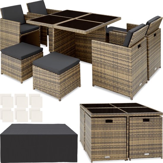 tectake® - wicker loungemeubelset tuinset zitgroep - 4x stoelen, 4x krukken, 1x tafel, ruimtebesparend, outdoor polyrotan tuinmeubelen voor balkon, tuin en terras, met beschermhoes en afneembare kussenhoezen - natuurkleur - poly-rattan