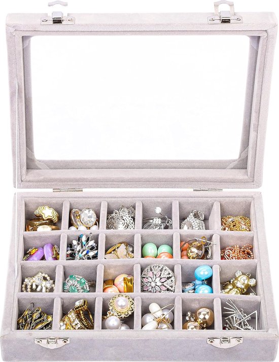 Organizer ring opbergdoos, sieradendoos grijs (24 vakken), fluwelen doos met glazen deksel, 20,2 x 15,1 x 4,6 cm, sieradendoos voor ringen, oorbellen, armbanden, hout, glas
