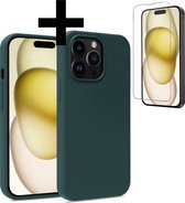 Hoesje Geschikt voor iPhone 15 Pro Hoesje Siliconen Case Met Screenprotector - Hoes Geschikt voor iPhone 15 Pro Hoes Siliconen - Donkergroen