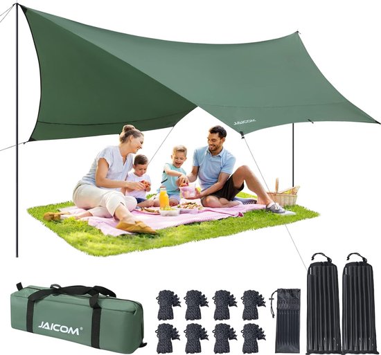 JAICOM Tarp Campingzeil, 3 m x 4 m, waterdicht PU3000 mm, ultralicht en draagbaar, uv-bescherming, voor hangmatten, wandelen, kamperen en picknick