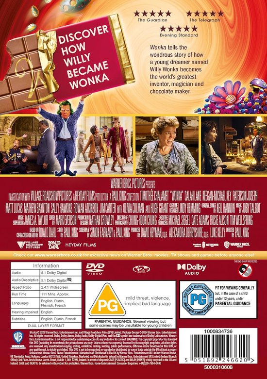 Achterkant van de DVD-hoes van Wonka met filmrecensies, filminformatie en filmbeelden van het verhaal.
