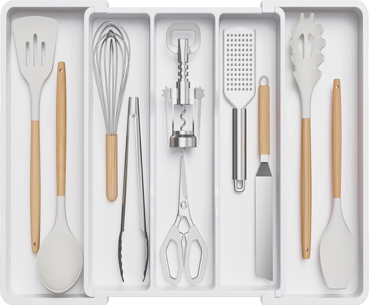 Lifewit Bestek Lade Organisator, Uitbreidbare Bestekbak voor Keukenlade, Verstelbare Houder voor Keukengerei en Zilverwerk, Plastic Besteklepels Vorken Messen Houder Opbergvak, XL, Zwart