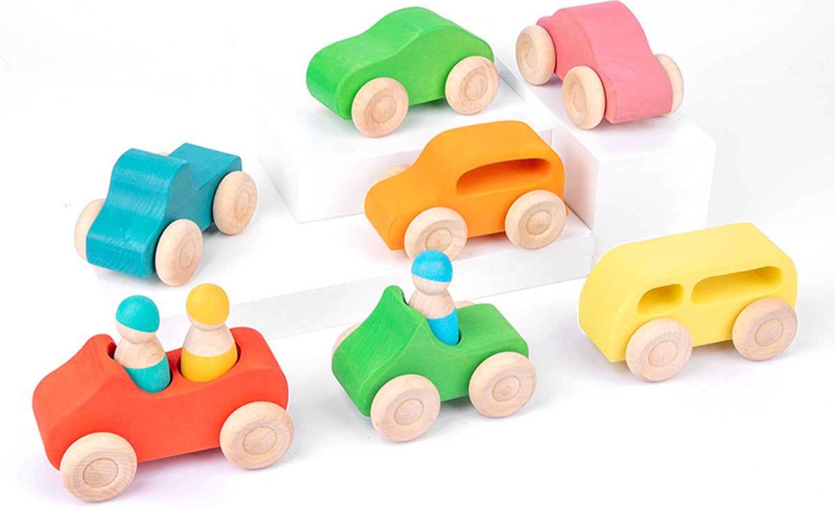 LiasToys® - Auto Set 7-delig Montessori |7 Gekleurde Houten Auto's + 3 Pegdolls - Houten speelgoed