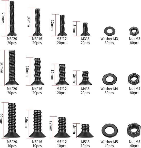 Jeu de 600 boulons à tête plate hexagonale, écrous et vis, vis à tête fraisée, écrous et rondelles M3, M4 et M5, assortiment de vis, vis à métaux, fixation à clé hexagonale