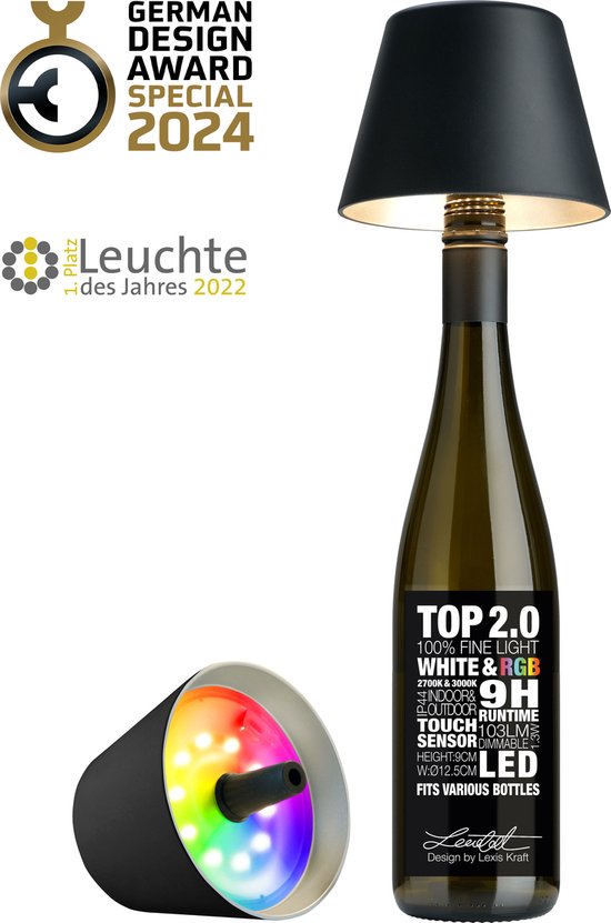 Lampe bouteille Sompex " TOP " avec bouchon durable 2.0| Led| Zwart- intérieur / outdoor - rechargeable| RGB