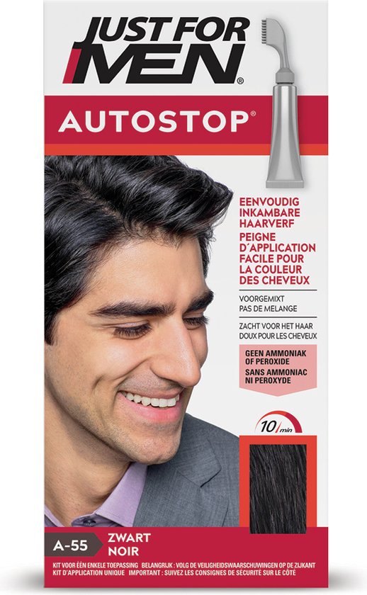 Verpakking Just For Men Autostop A55 Zwart met model met donker, glanzend haar. Eenvoudige kam-applicatie, geen ammoniak/peroxide.