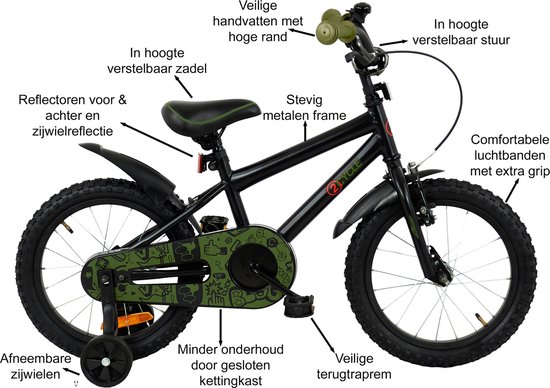2Cycle BMX - Kinderfiets - 16 inch - Zwart-Groen - Jongensfiets -16 inch fiets