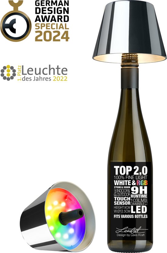 Sompex Flessenlamp " TOP " met houdbare kurk| 2.0 Led| Chroom - indoor / outdoor - oplaadbaar | RGB