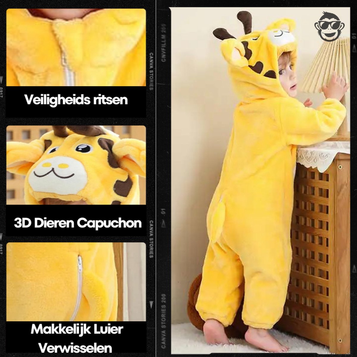 BoefieBoef Dieren Baby Onesie Peuter Pyjama Kinderen 6 maanden tot 2 jaar – Giraffe – Verkleedkleding met Luierrits – Carnaval Dierenpak - Kerst en Kraamcadeau - Zacht Flanel - Romper - Boxpak - Jongens - Meisjes - Kruippak - Winterpak - Geel Bruin — afbeelding 4