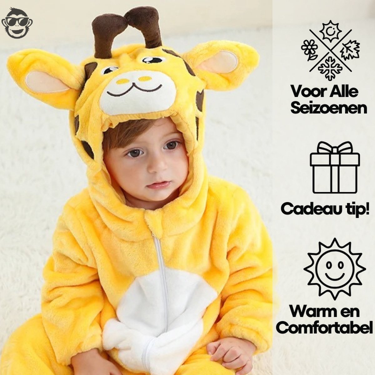 BoefieBoef Dieren Baby Onesie Peuter Pyjama Kinderen 6 maanden tot 2 jaar – Giraffe – Verkleedkleding met Luierrits – Carnaval Dierenpak - Kerst en Kraamcadeau - Zacht Flanel - Romper - Boxpak - Jongens - Meisjes - Kruippak - Winterpak - Geel Bruin — afbeelding 2