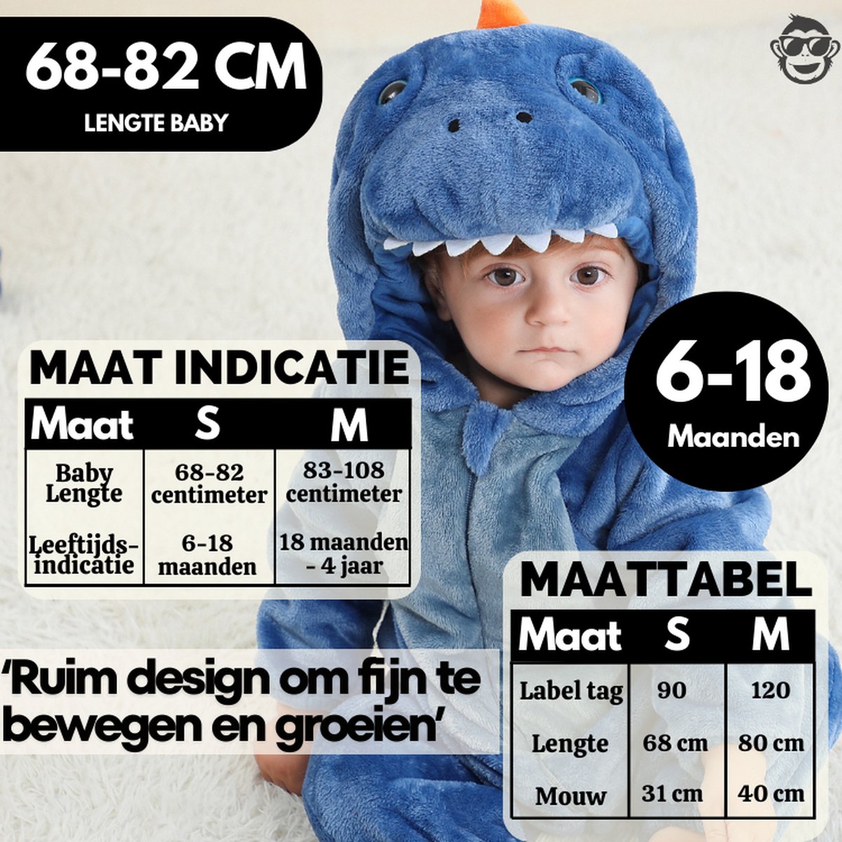 BoefieBoef Dieren Baby Onesie Peuter Pyjama Kinderen 6 maanden tot 2 jaar – Dinosaurus – Verkleedkleding met Luierrits – Carnaval Dierenpak - Halloween en Kraamcadeau - Zacht Flanel - Romper - Boxpak - Jongens - Meisjes - Kruippak - blauw — afbeelding 3